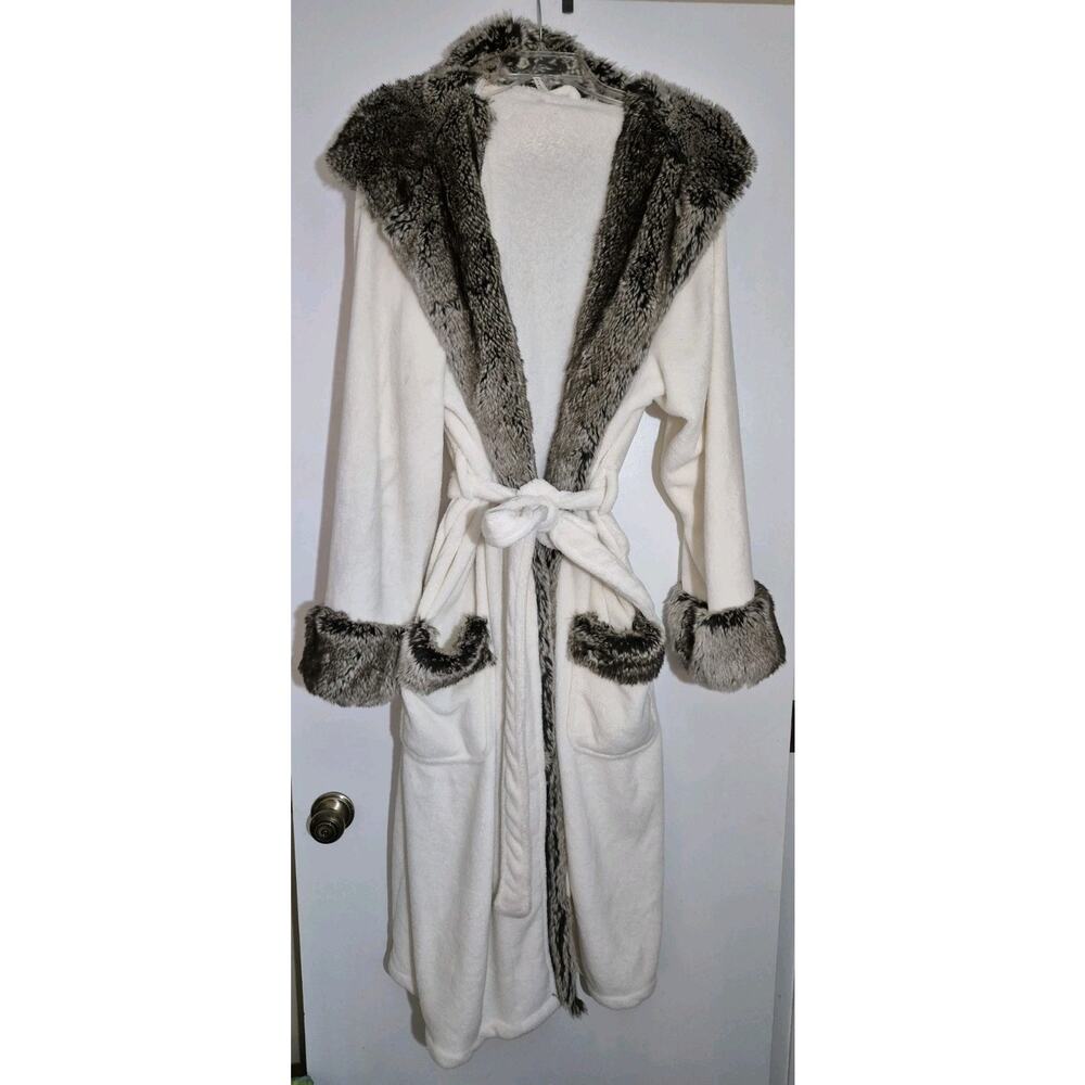 💥 Pottery Barn Cream Brown Hooded Robe Faux Fur Gray Ombre Trim Belt XL C